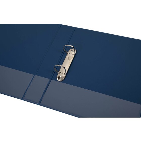 Blue Marbig 5412001B insert binder open flat, two metal D rings on a rail fixed inside the back cover