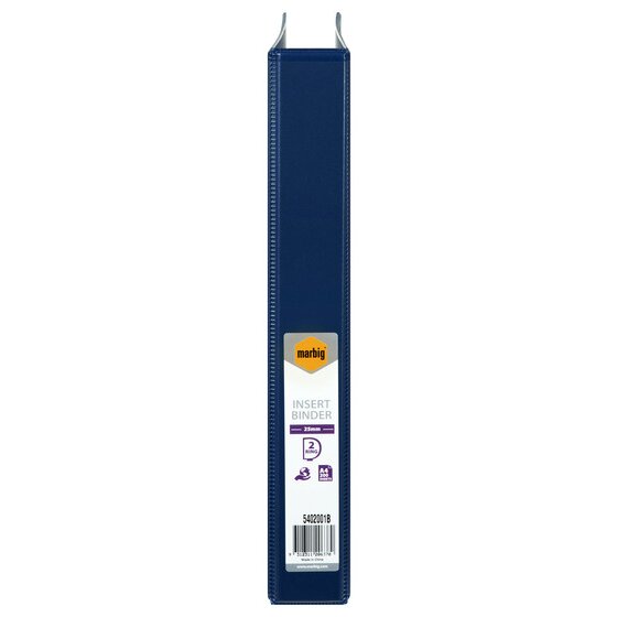 Close up of the blue spine of Marbig 5402001B with the label reading 25mm, 2 RING, A4 200 SHEETS and the barcode