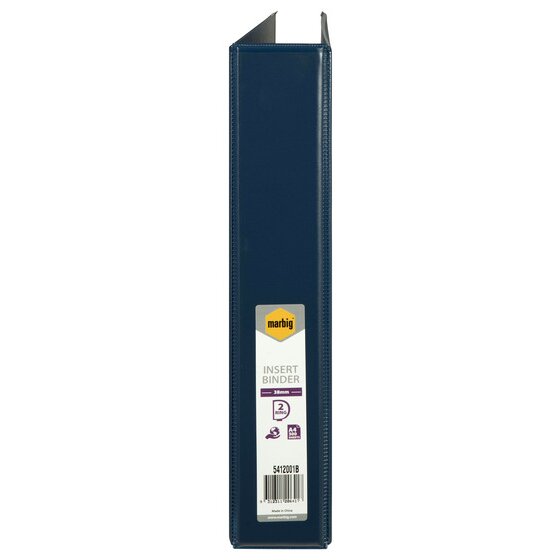 Blue spine of Marbig 5412001B with a label reading INSERT BINDER, 38mm, 2 RING, A4 300 SHEETS and Made in China