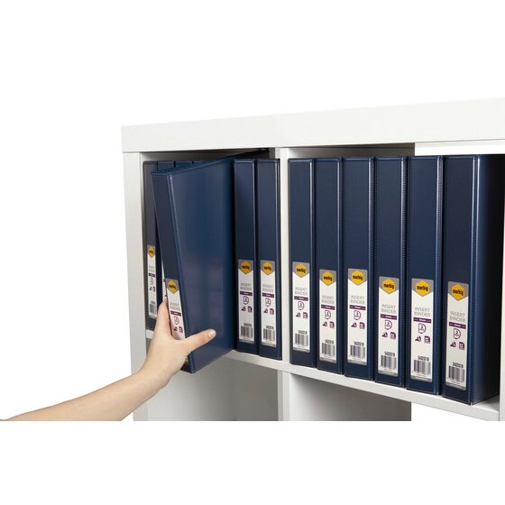 Hand lifting a navy blue Marbig Clearview insert binder out of a white shelving unit lined with matching blue binders