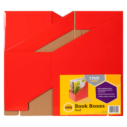 Marbig large red book boxes 5 pack, flat boxes with a yellow card reading 5 Pack Large Book Boxes Red