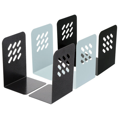 Pale grey Marbig book ends shown alongside black ones, each an L shaped steel upright with slanted slot cut outs and a flat base plate