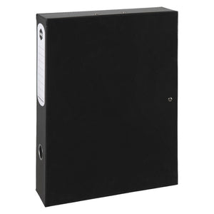 Closed black Marbig Heavy Duty foolscap box file with a white ruled spine label, metal rimmed finger hole and a stud on the front edge
