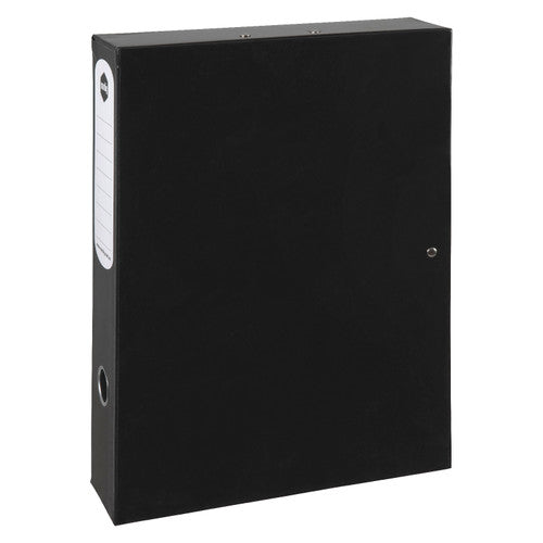 Closed black Marbig Heavy Duty foolscap box file with a white ruled spine label, metal rimmed finger hole and a stud on the front edge