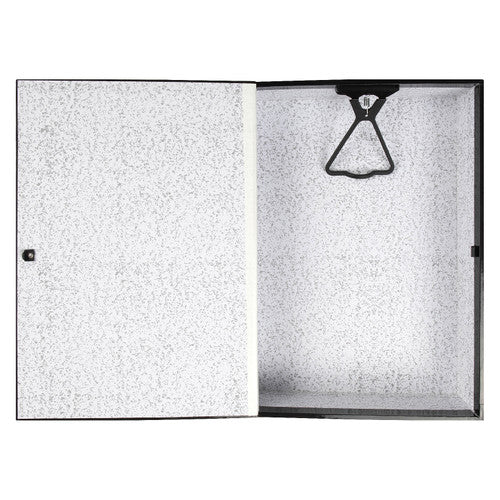 Black Marbig foolscap box file opened flat and empty, showing grey mottle lining and the black plastic clip