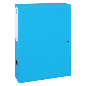 Marbig Heavy Duty foolscap box file in bright blue, closed, with a white spine label and a metal rimmed finger hole