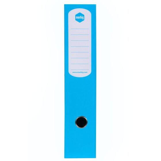 Spine of the blue Marbig Heavy Duty box file with a ruled white label, the Marbig logo and a metal rimmed finger hole
