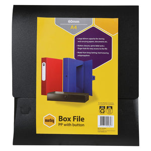 Black Marbig polypropylene A4 box file closed, carrying a yellow retail card that reads 60mm A4, Box File PP with button