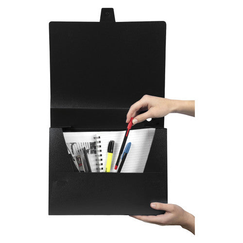 Hand taking a pen from notes and a notebook inside an open black Marbig polypropylene box file held by the base