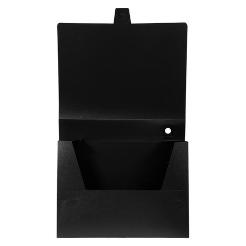 Empty black Marbig polypropylene box file with the lid folded up, the button tab at the top and a round button on the flap