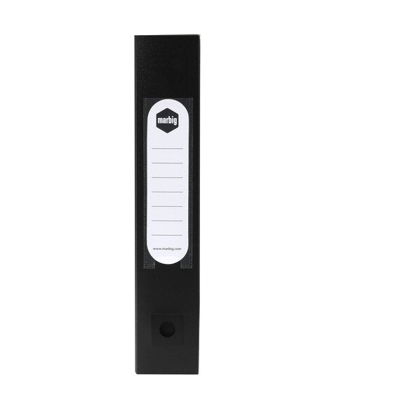 Spine of the black Marbig polypropylene box file with a white ruled label and a round finger hole below it