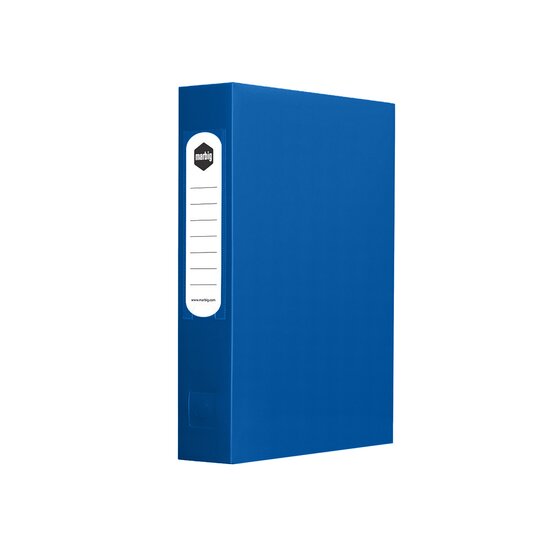 Marbig blue polypropylene A4 box file standing upright, with a white ruled spine label carrying the Marbig logo