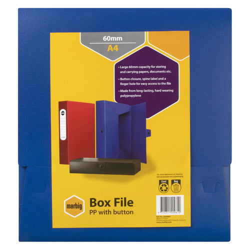Marbig A4 blue polypropylene box file with button closure, front view on white background