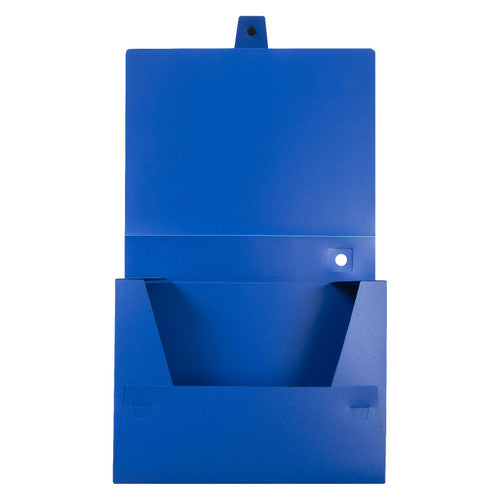 Side view of Marbig blue box file showing 60mm spine width and closure button detail