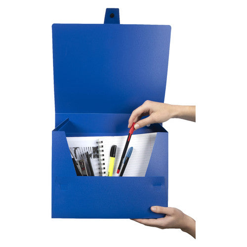 Marbig blue A4 box file open showing internal capacity suitable for up to 500 sheets