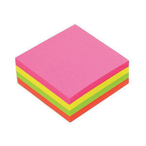 Marbig Brilliant Cube of 75 x 75mm notes in layered bands of pink, yellow, green and orange on a white background