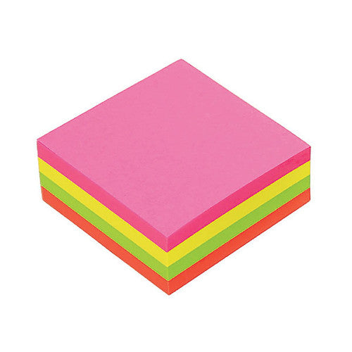 Marbig Brilliant Cube of 75 x 75mm notes in layered bands of pink, yellow, green and orange on a white background
