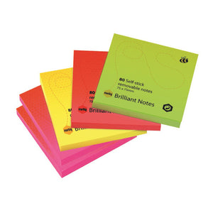 Five fanned Marbig Brilliant Notes pads in pink, orange, yellow and green, the top green pad printed 80 Self-stick removable notes 75 x 75mm