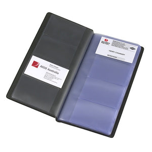 Marbig 8703302 black business card book lying open, with clear plastic pockets on both sides and sample business cards in two of them
