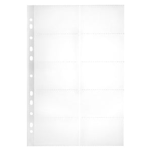 Empty Marbig A4 business card page with ten clear pockets in two columns of five and a punched binding strip on the left