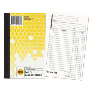 Marbig carbonless No.8 Docket Book with a yellow hexagon cover marked 50 numbered leaves, beside a sample page headed Tax Invoice