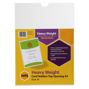 Marbig Card Holders Top Opening A4 Pack 10 retail pack front, a yellow and purple card printing Heavy Weight and 100 Microns beside a clear holder with a certificate inside