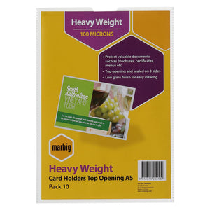Marbig Card Holders Top Opening A5 Pack 10 retail pack front in yellow and purple, printing Heavy Weight and 100 Microns beside a vineyard tour flyer in a clear holder