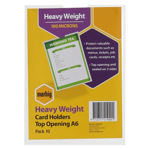 Marbig Card Holders Top Opening A6 Pack 10 retail pack front in yellow and purple, printing Heavy Weight, 100 Microns and that it protects menus, tickets, job cards and receipts