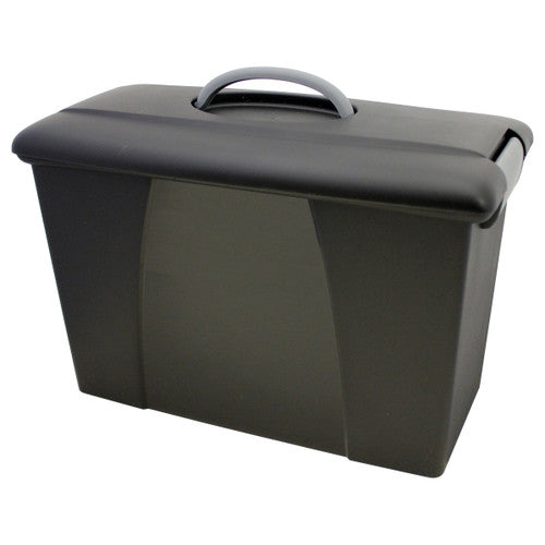 Marbig carry case at an angle showing the lid with its grey carry handle and the clip on the end, in a dark finish