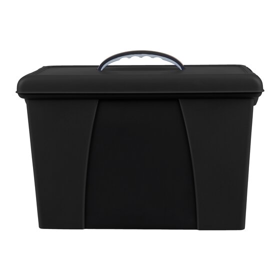 Marbig 89002 black carry case seen from the front, with a grey handle on the lid and curved moulded panels on the body