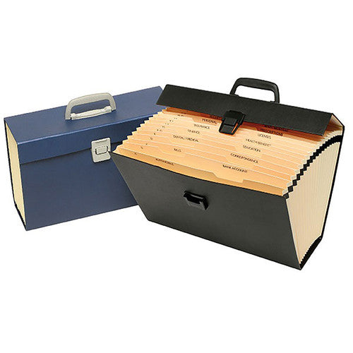 Two Marbig 90020 carry files, a blue file closed with its grey handle and latch and a black file open to show its expanding pockets with printed subject tabs.