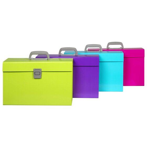 Four Marbig carry files in lime, purple, aqua and pink lined up in a row, each with a grey carry handle and latch