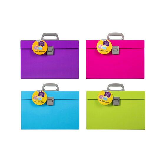 Four Marbig carry files in purple, pink, aqua and lime, each with a round yellow Marbig swing tag reading Carry File