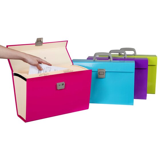 A hand filing an invoice into an open pink Marbig carry file, showing buff pockets with tabs such as Finance, Bills and Correspondence