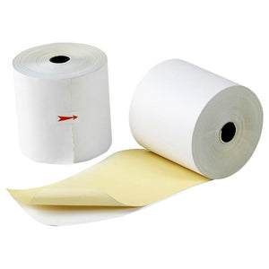 Two Marbig 2 ply register rolls, one unrolled to show a white top sheet over a yellow second sheet, with a red arrow printed on the other roll