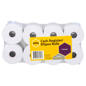 Marbig eight pack of thermal rolls with a yellow label reading Cash Register/Eftpos Rolls, Thermal, 8 Pack 57x57x11.5mm and Ref. No. 49007