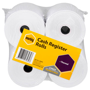 Marbig pack of four thermal cash register rolls with a yellow label reading Cash Register Rolls, Thermal, 4 Pack 76x76x11.5mm and Ref. No. 49009