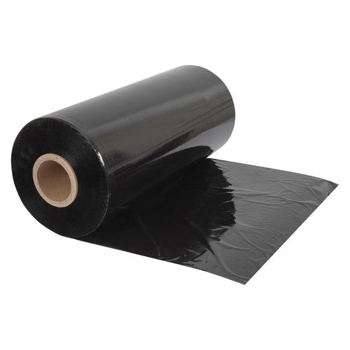 Roll of Marbig Professional black cast machine pallet wrap on a cardboard core with a length of black film unrolled