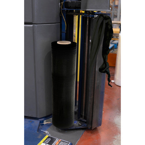 Black Marbig cast machine film roll loaded on the film carriage of a pallet wrapping machine, with black film drawn up the mast