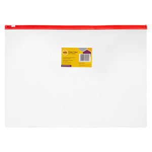 Marbig 9009099 B4 clear case with a red zip and the Marbig Clear Case 395 x 290mm card in the front label holder