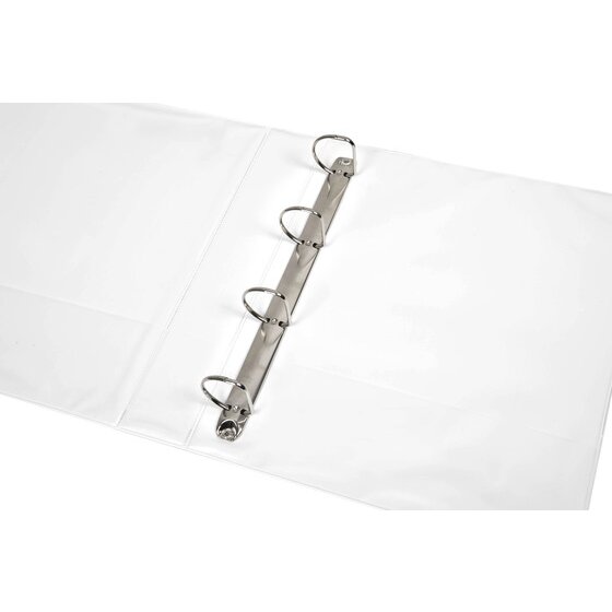 Marbig 5414008 white insert binder lying open with four D rings on a metal rail fixed to the back panel