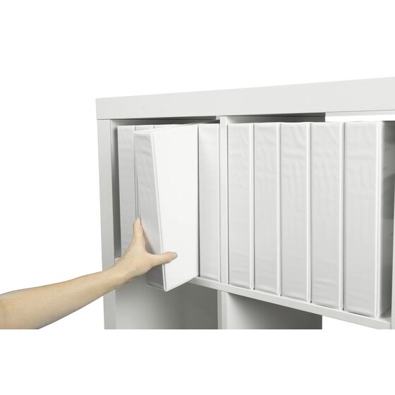 Hand taking a white Marbig Clearview insert binder from a shelf of matching white binders
