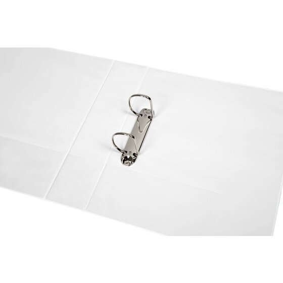Marbig 5422008 white insert binder lying open with two D rings mounted on the back panel