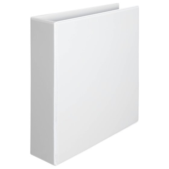Marbig Clearview white 50mm insert binder standing at an angle with the clear spine overlay visible