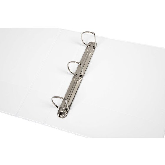 Marbig 5423008 white insert binder lying open with three D rings on a metal rail fixed to the back panel