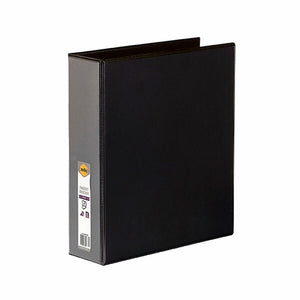Black Marbig Clearview 50mm A4 insert binder at an angle with the white Marbig label on the spine