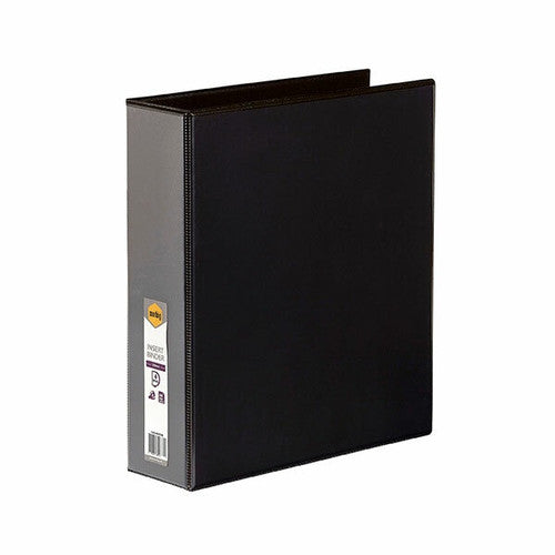 Black Marbig Clearview 50mm A4 insert binder at an angle with the white Marbig label on the spine