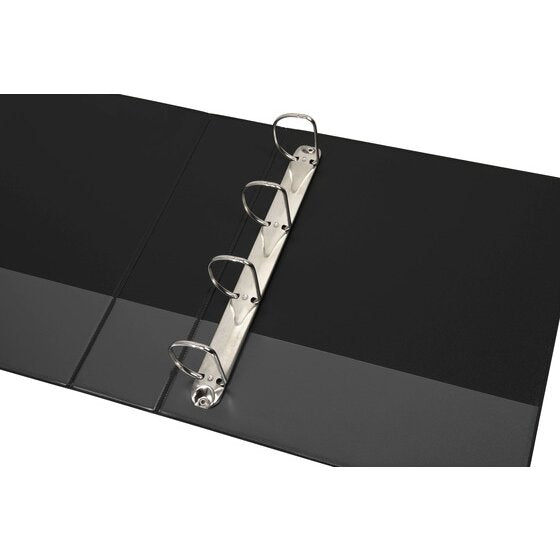Marbig 5424002B black insert binder lying open with four D rings on a metal rail fixed to the back panel