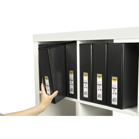Hand taking a black Marbig Clearview insert binder from a shelf of matching black binders