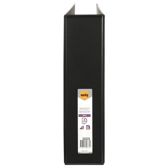 Spine of a black Marbig insert binder with a label reading 50mm, 4 ring, A4 400 sheets and code 5424002B